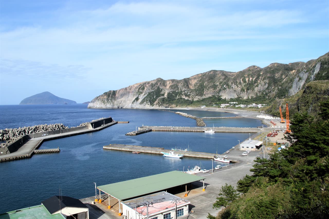 高台から見た新島の港と海岸